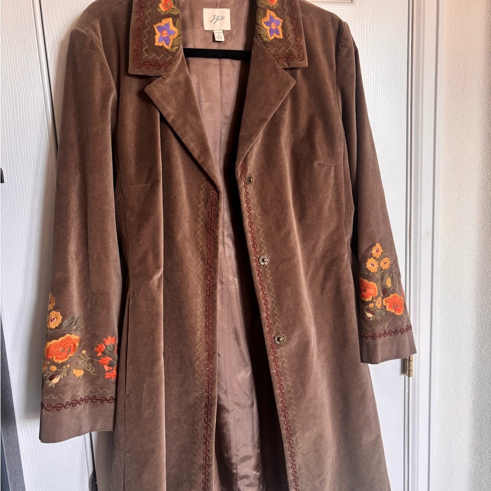 J. Jill Brown Trench Coat with Floral Embroidery